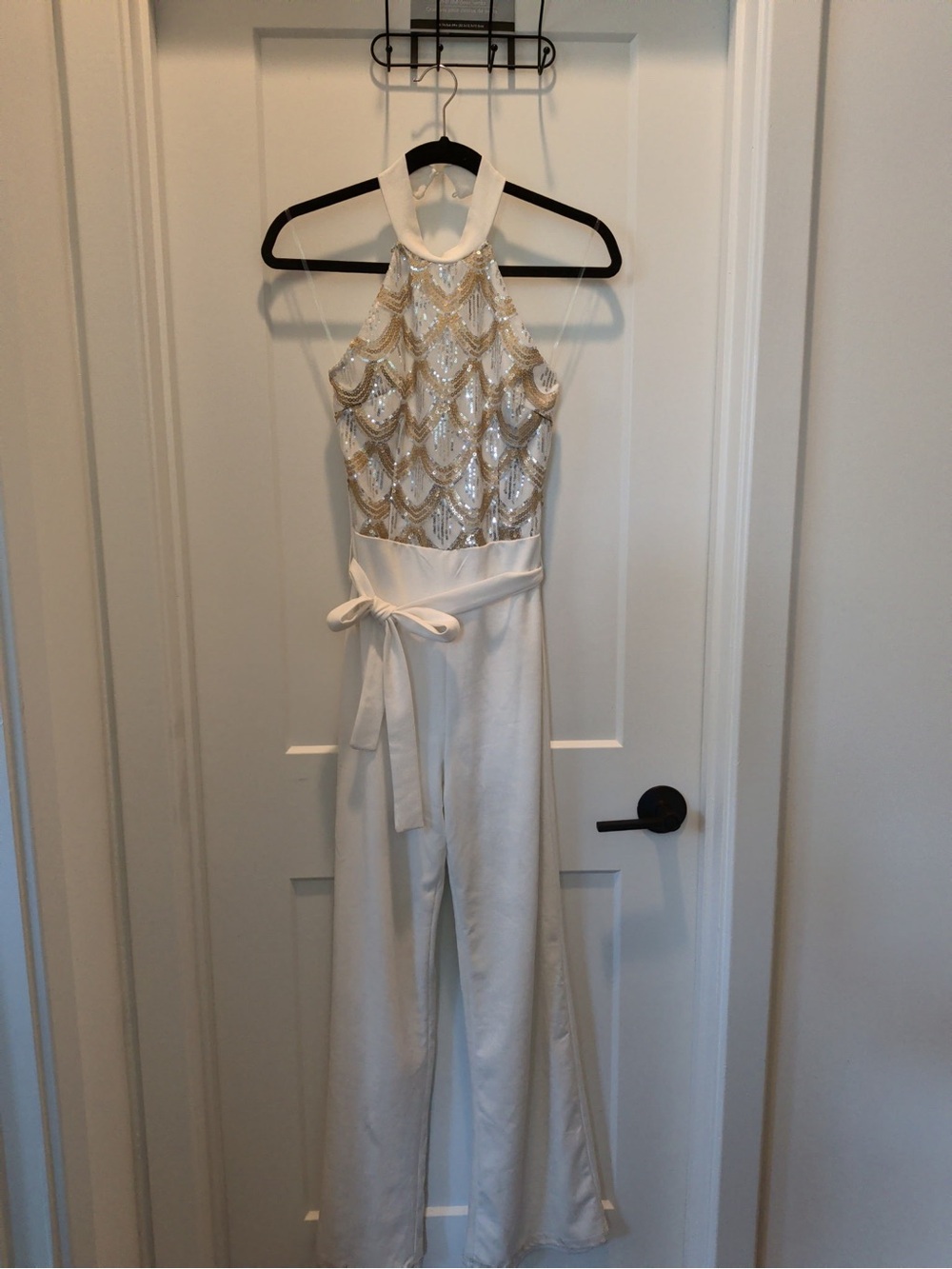 Charlotte Russe White Halter Jumpsuit with Gold Sequin Bodice